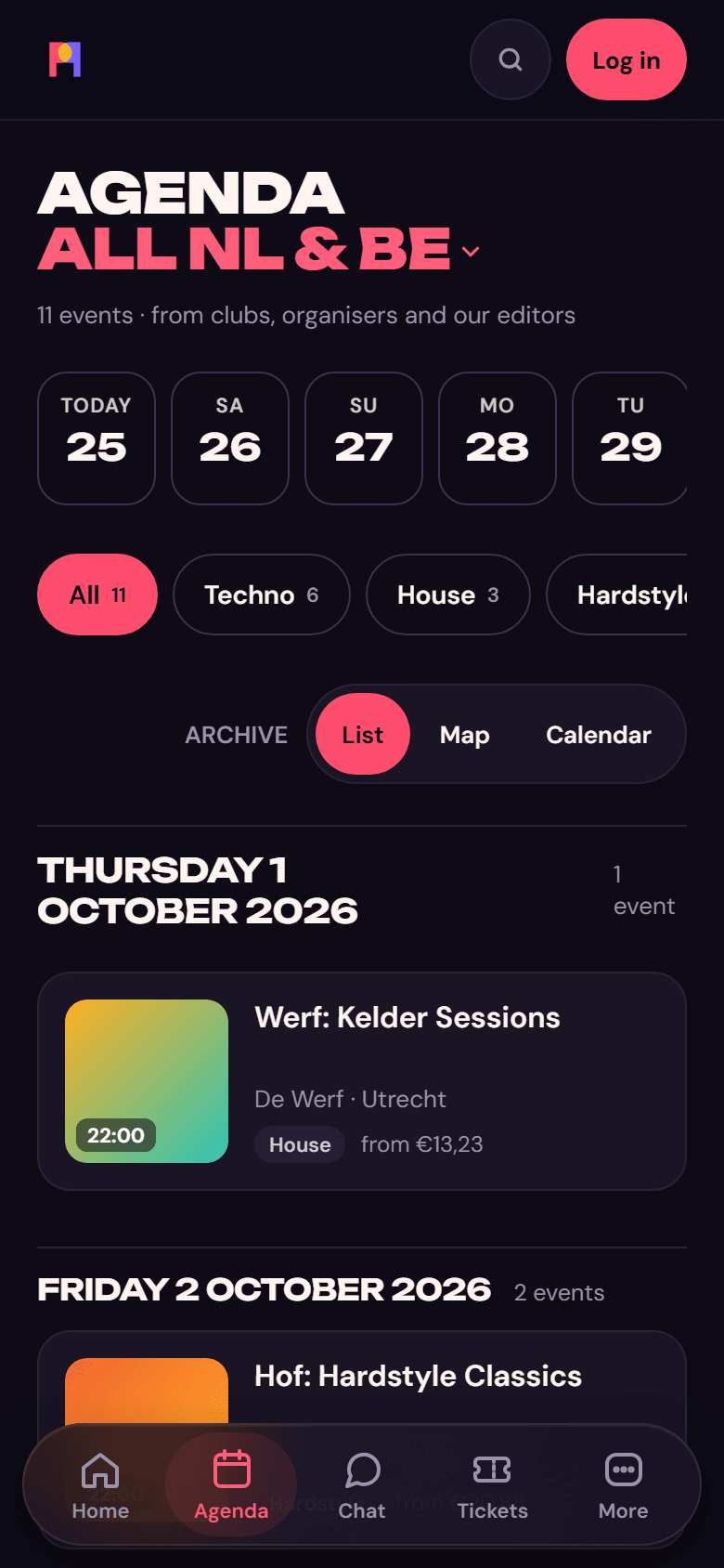 The agenda with genre and city filters